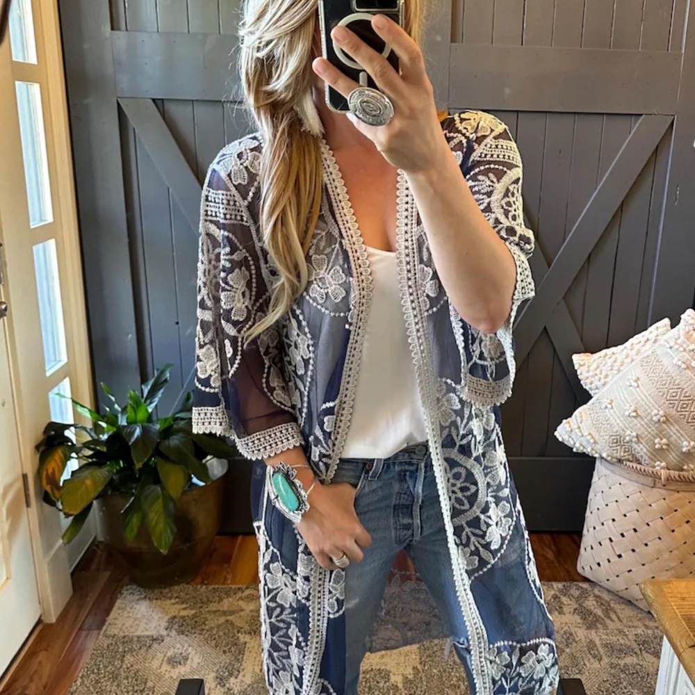 New Bohemian Embroidered Navy Blue Kimono Cardigan Cover-Up Top Jacket Womens